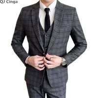 Wholesale Men s Suits Blazers QJ CINGA Grey Stripe Plaid Suit Three Piece Business Office Dress Coat And Trousers Vest Fashion Slim Terno Masculino
