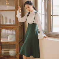 Wholesale Womens Two Piece Set Flare Sleeve Stand Collar White Blouse Hight Waist Knee Length Strap Skirt Pleated Prairie Chic Skirts
