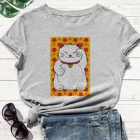Wholesale Fashion High Quality Print Multicolor Women T Shirts Lucky White Cat With Rice Balls Background Graphic