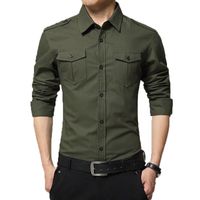 Wholesale Men s Casual Shirts Clothes Military Pure Cotton Shirt Long Sleeved Epaulets With Double Pockets Solid Color