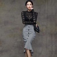 Wholesale Two Piece Dress piece Set Women s Twinset Tops And Skirts Autumn Cotton Lace Splicing Trumpet Suits Ladies Skinny Track