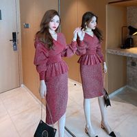 Wholesale 2021 Women s autumn sexy v neck shinny lurex patched knitted slim waist ruffles sweater and knee length pencil skirt twinset dress suit