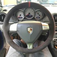 Wholesale DIY All Black Suede Leather Red Marker Steering Wheel Red Stitch on Wrap Cover Fit For Porsche Cayman S