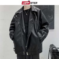 Wholesale LAPPSTER Men Black Motorcycle Winter Leather Jacket Mens Japanese Streetwear Windbreaker Male Beige Zip Up Jackets Coats