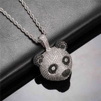 Wholesale Iced Out Panda Head Pendant Necklac With Free Rope Chain Solid Back Copper Zircon Unisex Hip Hop Jewelry