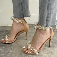 Wholesale Dress Shoes Cute Pearl Ornament Fancy High Heel Women Summer Open Round Toe Pumps Wedding Sandal Back Zipper