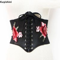 Wholesale Belts European Elastic Waist Embroidered Flower Belt Women Wide Lace Up Waistband Corset PU Leather Slim Shaped Tied