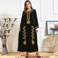 Wholesale Casual Dresses Plus Size Winter Thick Velvet Ethnic Gold Embroidery Maxi Dress Abaya Muslim Women Islamic Long Sleeve Loose Robe Arabic Duba