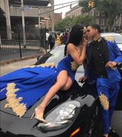 Wholesale Sexy Royal Blue and Gold Prom Dresses Saudi Arabic Hot Selling Custom Front Short Back Long Sheath Formal Evening Party Gowns P271