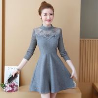 Wholesale Casual Dresses Winter Fashion Pearl Collar Cloth A Line Dress Long Sleeve Woolen Lace Decor Korean Outfit Vestido Couture