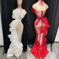 Wholesale Luxurious Rhinestones Pearl Feather Runway Dresses Transparent Mesh Floor length Mermaid Dress Women Singer Model Catwalk Evening Party Sexy Show Stage Costume