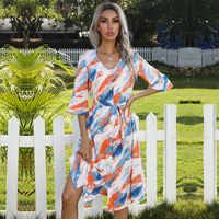 Wholesale Casual Dresses Elegant Dress Summer Women Printing Button Design Loose Sashes Shirt Knee Length Party Woman