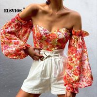Wholesale Women s Blouses Shirts Sexy Ladies Off shoulder Tube Top Print Chiffon Casual Spring Summer Lantern Sleeves Pullover Elegant Office Slim