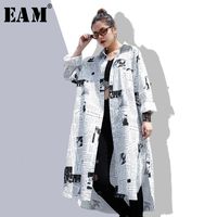 Wholesale EAM new Spring Autumn Lapel Long Sleeve White Printed Loose Irregular Big Size Shirt Women Blouse Fashion Tide JF008