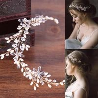 Wholesale Hair Clips Barrettes Handmade Romantic Rose Gold Band Pearl Ribbon Wedding Headbands Bridal Pageant Head Pieces For Women Tiaras Jewelry