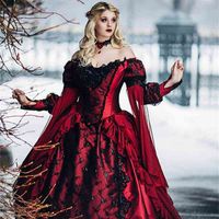 Wholesale Gothic Slee Beauty Princess Medieval Red and Black Ball Gown Wedding Dress Long Sleeve Lace Appliques Victorian Bridal Gowns
