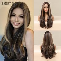 Wholesale Top Closures HENRY MARGU Brown Honey Blonde Highlight Synthetic Lace Layered Long Wavy Front For Black Women Heat Resistant