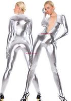 Wholesale Sexy Women Men Body Suit Costumes No Head Unisex Silver Shiny Metallic Catsuit Costume With Front Zipper Halloween Party Fancy Dress Cosplay Bodysuit P525