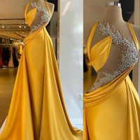 Wholesale 2021 Mermaid Evening Dresses Wear Bright Yellow Beaded Lace Appliques Sexy Top Illusion Prom Gowns Elegant Satin Ruched Women Formal Party Dress Vestido de novia