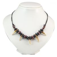Wholesale Handmade Cream Brown Tribal Design Wolf Tooth Wooden Beads Chain Necklace W Genuine Leather Cord Chains