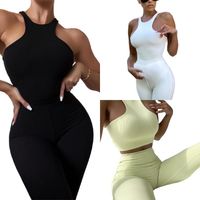 Wholesale Women s Two Piece Pants Women Sexy Two piece Clothes Set Solid Color Halter Neck Camisole And Leggings Green Black White