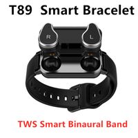 Wholesale T89 TWS Smart binaural bracelet Smartband Health Sport Mode Heart Rate Blood Pressure In Ear Cell Phone Earphones Wireless Headphones Headset Band Two in one IP58