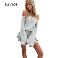 Wholesale Casual Dresses ELSVIOS Style Autumn Dress Sexy Strapless Long Sleeve Knitted Mini Off Shoulder Gray Elegant Women