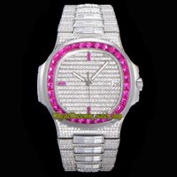 Wholesale 2021 TWF Paved Diamonds SC CS Automatic Mens Watch Fully Iced Out Rose Red Square Diamond Bezel Stick Markers Steel Bracelet Super eternity Watches