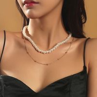 Wholesale 2 Set Simple Ladies White Pearl Chokers Necklaces For Women Girls Fashion Gold Color Metal Beaded Chain Necklace Jewelry
