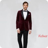 Wholesale Men s Suits Blazers Custom Made Purple Red Velvet Men Suit Pants Black Peaked Lapel Wedding Slim Smoking Groom Tuxedos Best Man