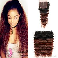 Wholesale B Reddish Brown Ombre Deep Wave Brazilian Human Hair Weave Bundles with Closure Dark Auburn Ombre Bundles with x4 Lace Closure