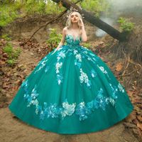Wholesale Hunter Beaded Ball Gown Quinceanera Dresses Strapless Neck Lace Appliqued Prom Gowns Sweep Train Tulle Sweet Masquerade Dress