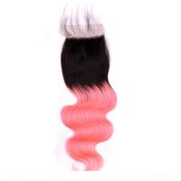 Wholesale Indian Human Hair B Pink Ombre Bundles and Closure Rose Gold Ombre Body Wave Human Hair Weave Bundles with x4 Lace Front Closure