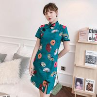 Wholesale Ethnic Clothing Plus Size XL XL Green Elegant Modern Cheongsam Dress For Women Summer Short Sleeve Qipao Traditional Chinese
