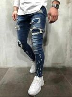 Wholesale Men s Jeans Biker Slim Patch Work Holes Ripped Stretch Denim Pants Blue Water Washing Pencil Wrinkle Scratched
