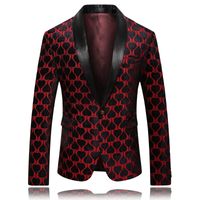 Wholesale Men Grooms Wedding Prom Blazer Mens Shawl Collar Suit Jacket Slim Fit Black Red Velvet Sport Coat Heart Pattern