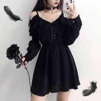 Wholesale Casual Dresses Women Dress Plus Size XL Lace Up Black Autumn Sexy High Waist Femme Off Shoulder Long Sleeve Gothic Clothes TN68