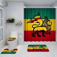 Wholesale Rasta Flag Painted On Wooden Bathroom Set The Lion Of Judah Wall Art Waterproof Shower Curtain Toilet Cover Mat Non Slip Rug