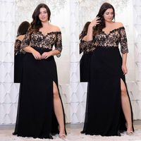 Wholesale Black Lace Plus Size Prom Dresses With Half Sleeves Off The Shoulder V Neck Split Side Evening Gowns A Line Chiffon Formal Dress