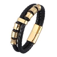 Wholesale Classic Black Double Genuine Leather Wrist Bracelets Bangles For Men Stainless Steel Trendy Male Wristband Punk Jewelry SP0947 Charm
