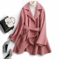 Wholesale Women s Wool Blends Factory Outlet Wine Red Double sided Cashmere Coat Female Version With Little Han Kuo Thickening Belt Loose High
