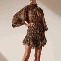 Wholesale Wind winter new style elegant standing collar Lantern Sleeve leopard pattern waist slim short dress