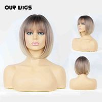 Wholesale Short Bob Synthetic Hair Wig with Bangs Pixie Cut Ombre Black Rose Blonde for Women Daily Party Cosplay Wigs Heat Ristant