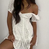 Wholesale White lace embriodery summer beach dress women elegant hollow out lace up short dress off shoulder puff sleeve sheer dress Y0706