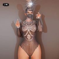 Wholesale Women s Jumpsuits Rompers Silver Rhinestones Transparent Black Bodysuit Long Tailing Skirt Birthday Outfit Prom Party Singer Nightclub Sta