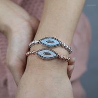Wholesale Micro Pave CZ Turkish Style Evil Eye Connector Charm Beads Bracelet Braided Macrame Handcraft Jewelry Xmas Gift Bangles Women Bangle