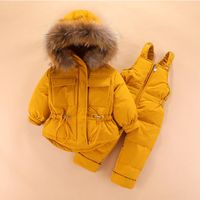 Wholesale Kids Down Jacket Suit Coat Suspender Pants Solid Color Ski Sets Thickened Long Sleeve Zipper Shirt High Quality Clothes Y211121