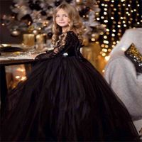 Wholesale Casual Dresses Elegant black flower girl s for weddings tulle ball gown long sleeves first holy communion es girls
