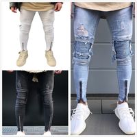 Wholesale Men s Jeans Man Male Ripped Draped Biker Knee Pleated Ankle Zipper Brand Slim Fit Cut Destroyed Skinny Jean Casual Fashion Pants For Homme