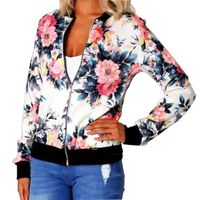 Wholesale Women s Jackets Woman Coat Plus Size Printed Bomber Jacket Women Pockets Zipper Long Sleeve Female Flower Chiffon White